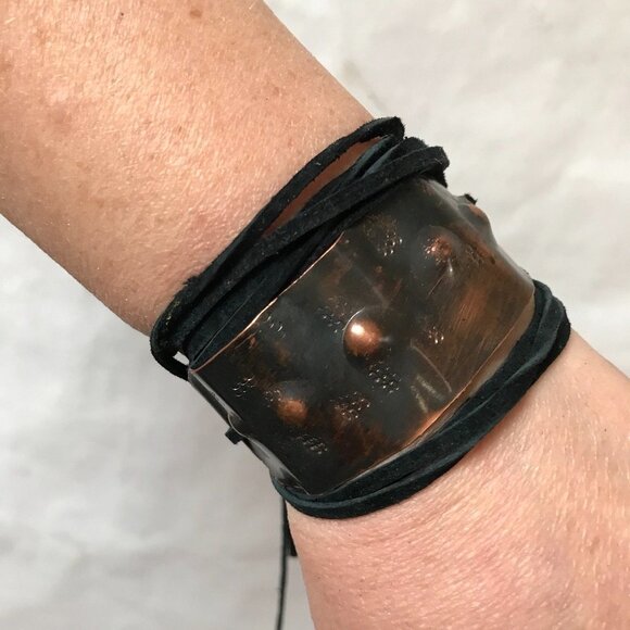 Handmade Ketoh Repousse Solid Copper Cuff Bracelet Genuine Leather Tie Wrap - Picture 3 of 15